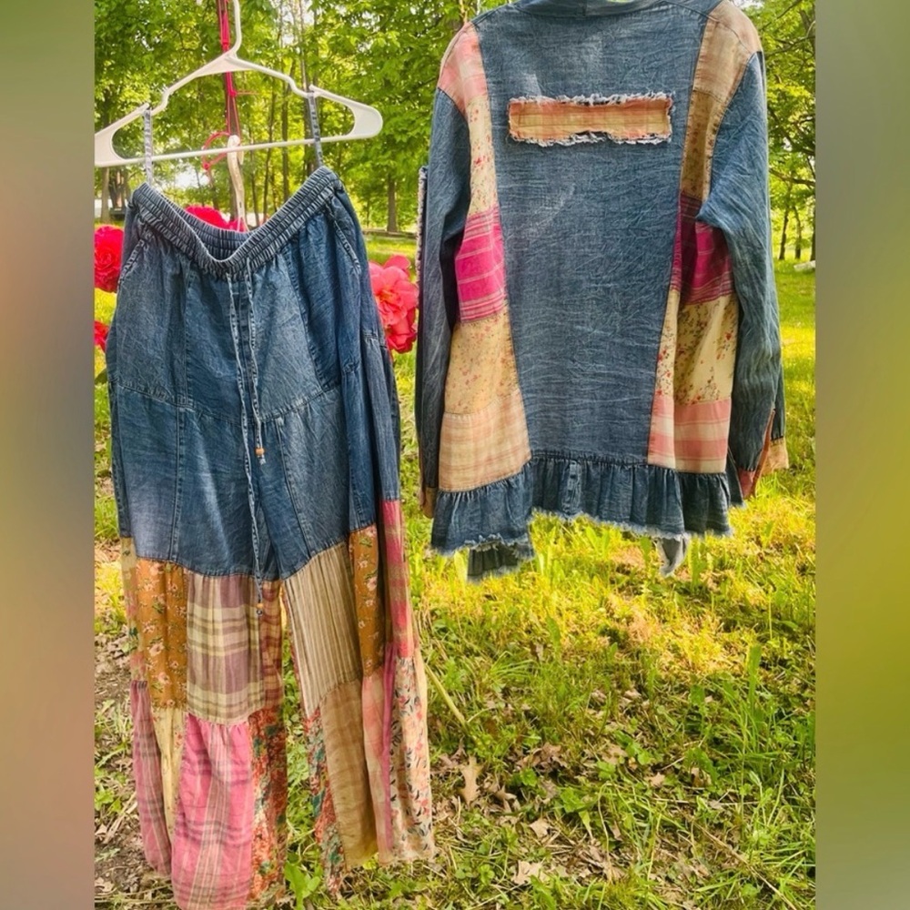 Artisan Bohemian Patchwork Denim Set outfit 2 pc blazer pants flowy 2x- XL-L